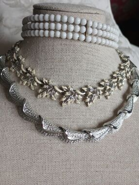 Set Of 3 Lot MCM 50s Milkglass Coro Enamel Rhodium Plated 16in Read